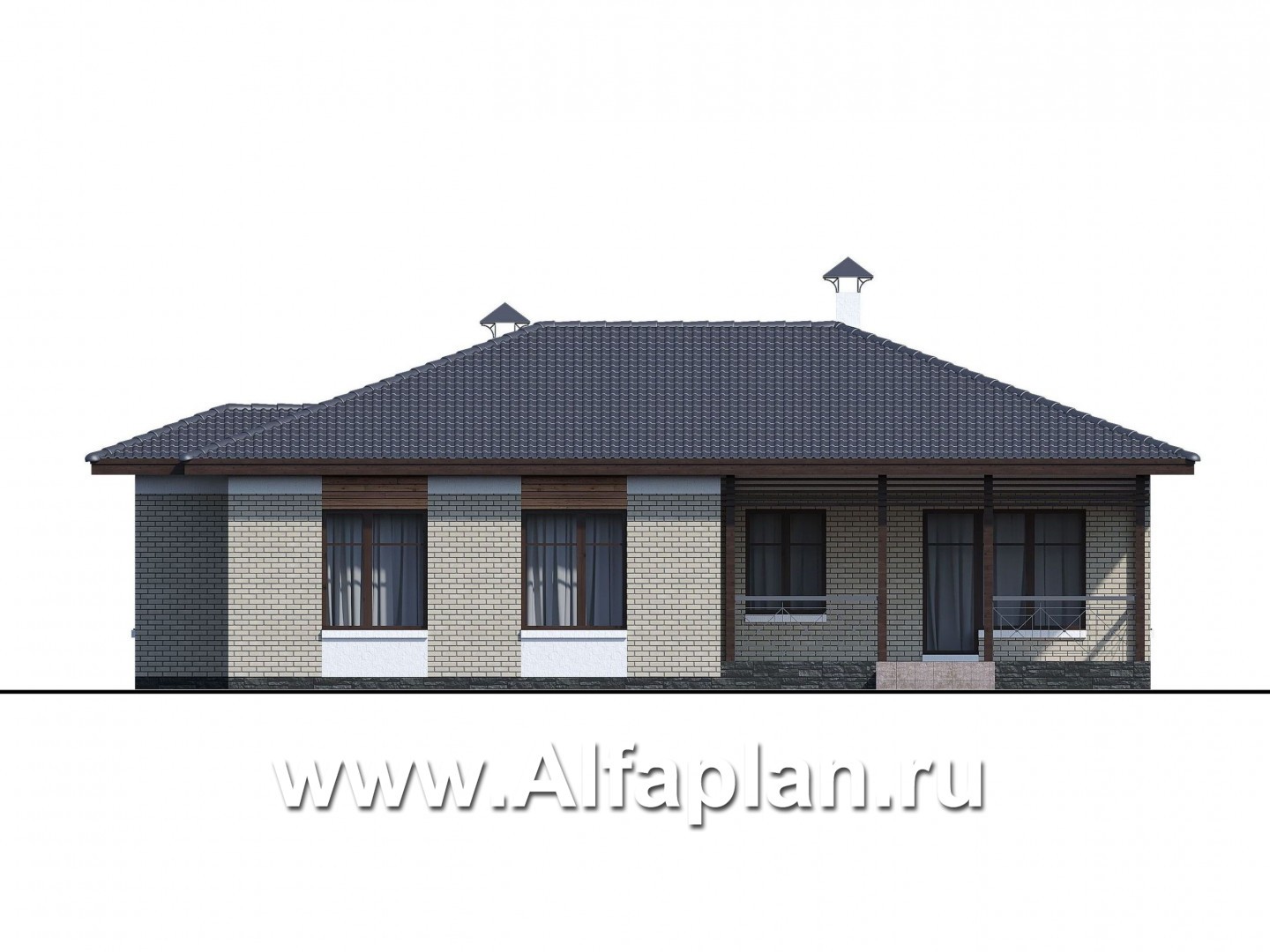 Проекты домов Альфаплан - «Покровка» - стильный одноэтажный коттедж с гаражом-навесом - изображение фасада №4