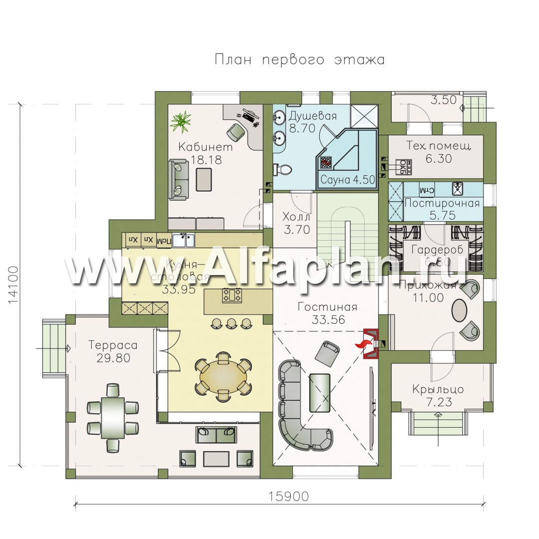 Проекты домов Альфаплан - «Голицын» — особняк с двусветной гостиной и сауной - изображение плана проекта №1