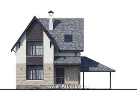 «Оптима»- проект современного дома с мансардой, из кирпичей или газобетона, с гаражом-навесом - превью фасада дома