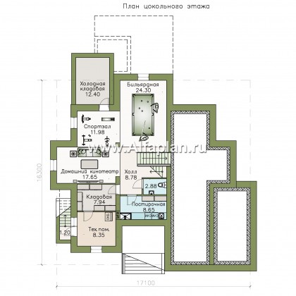 «Современник» - проект двухэтажного дома, с гаражом, с сауной, вторым светом гостиной, с биллиардной в цокольным этажом - превью план дома