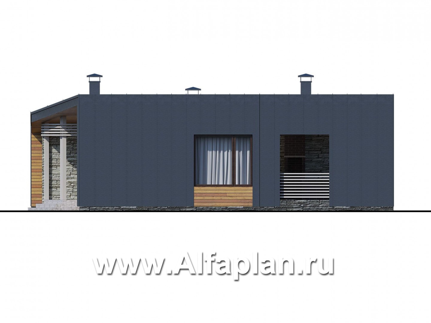 Проекты домов Альфаплан - «Дельта» - современный одноэтажный коттедж с фальцевыми фасадами - изображение фасада №2