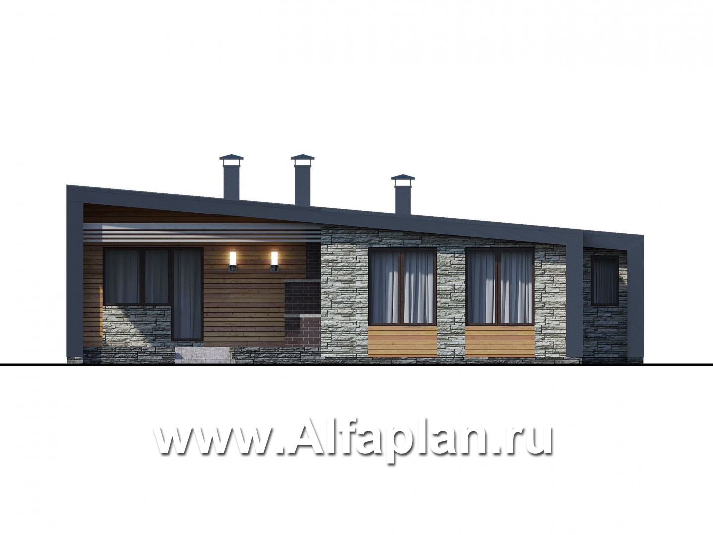 Проекты домов Альфаплан - «Дельта» - современный одноэтажный коттедж с фальцевыми фасадами - изображение фасада №4