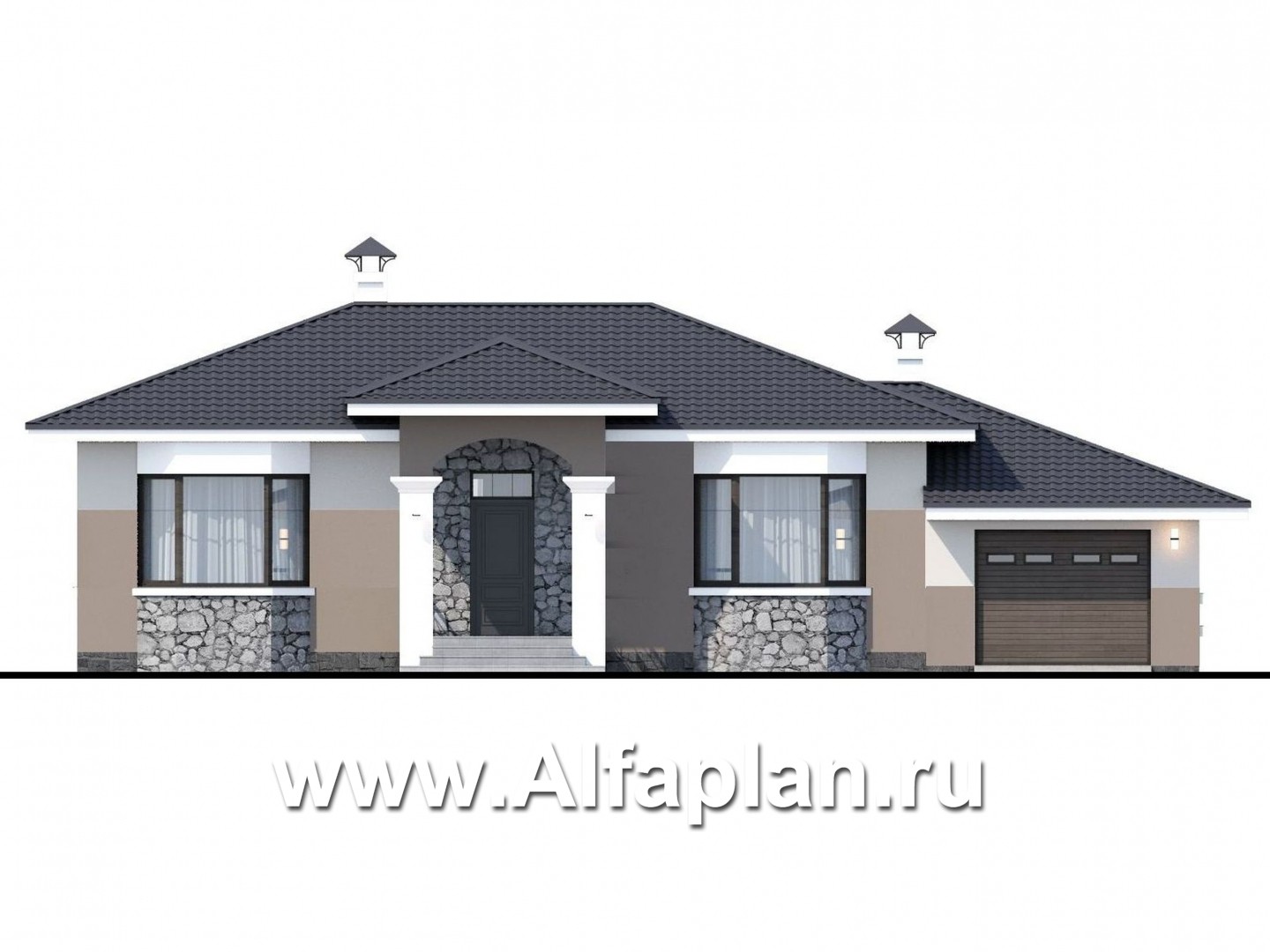 Проекты домов Альфаплан - Одноэтажный дом с гаражом и террасой - изображение фасада №1