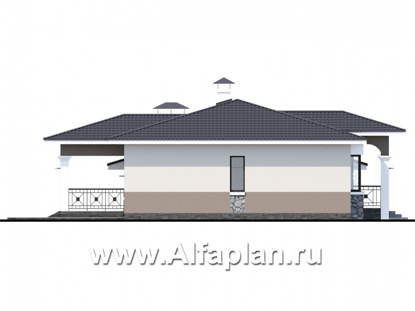 Проекты домов Альфаплан - Одноэтажный дом с гаражом и террасой - изображение фасада №3