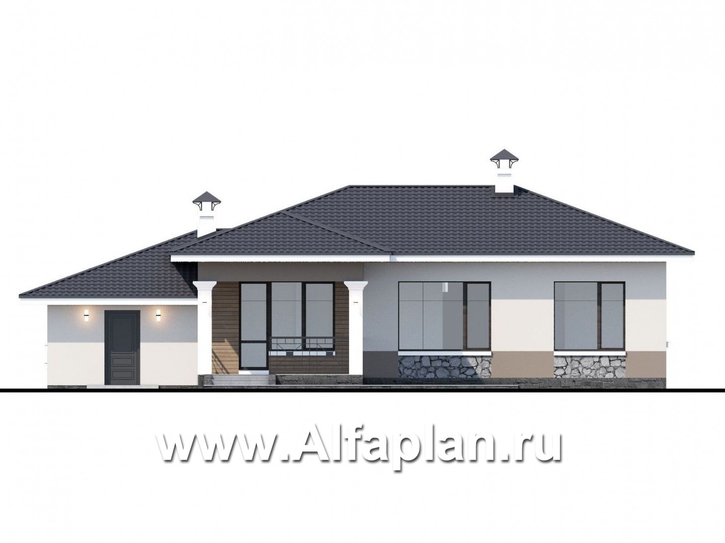Проекты домов Альфаплан - Одноэтажный дом с гаражом и террасой - изображение фасада №4