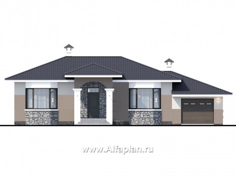 Проекты домов Альфаплан - Одноэтажный дом с гаражом и террасой - превью фасада №1
