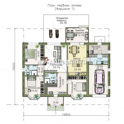 Проекты домов Альфаплан - Одноэтажный дом с гаражом и террасой - превью плана проекта №1