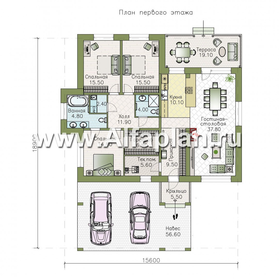 Проекты домов Альфаплан - «Покровка» - стильный одноэтажный коттедж с гаражом-навесом - план проекта №1
