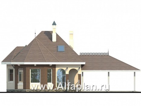 «Душечка плюс» - проект дома с мансардой из газоблоков, со вторым светом и с террасой, с нaвесом на 2 авто - превью фасада дома