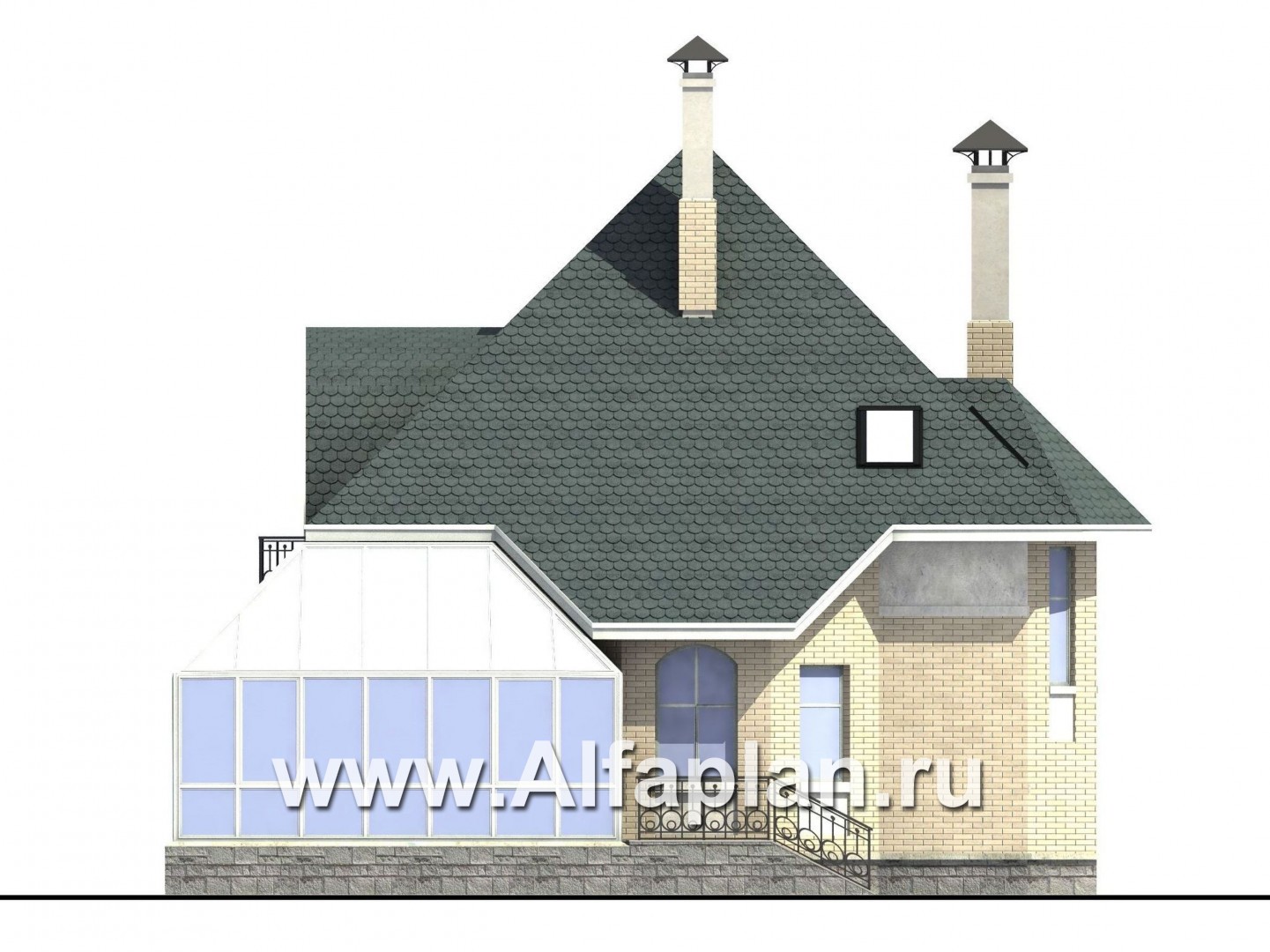 Проекты домов Альфаплан - «Соло»- небольшой коттедж с угловым зимним садом - изображение фасада №2