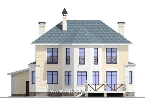 Проекты домов Альфаплан - «Петровское барокко»- двухэтажный коттедж с гаражом на два автомобиля - превью фасада №4