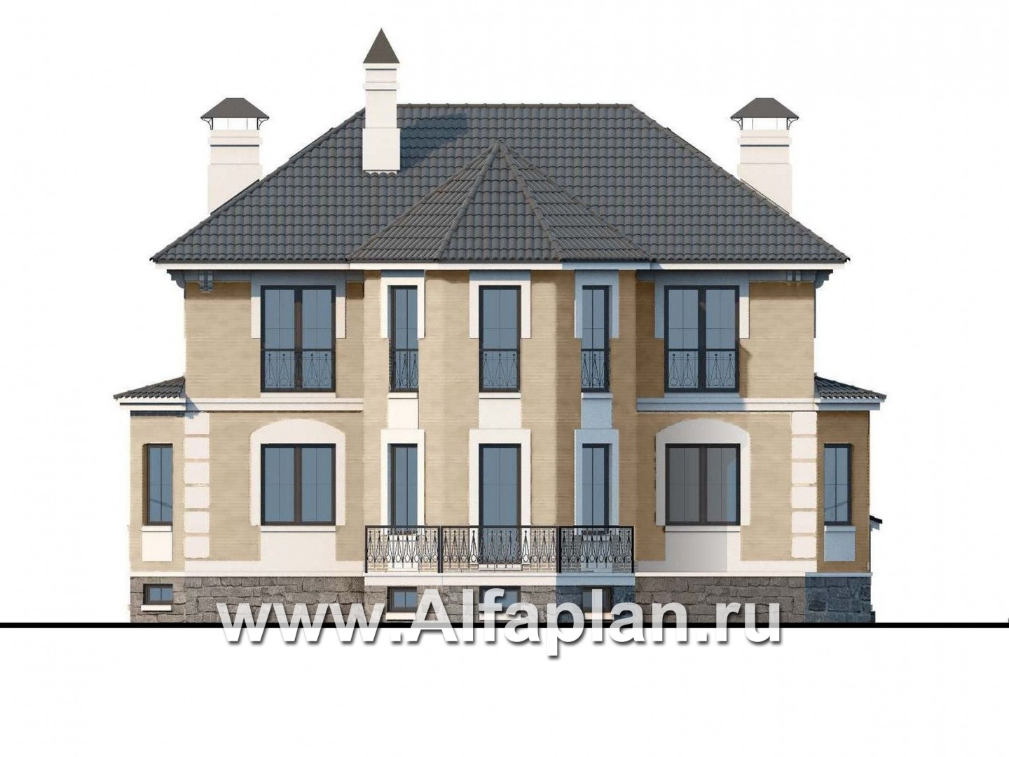 Проекты домов Альфаплан - «Головин плюс» - аристократический коттедж с бассейном в цоколе - изображение фасада №4