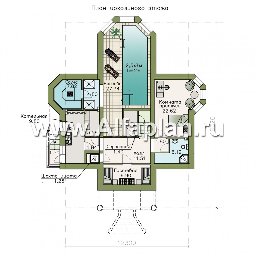 Проекты домов Альфаплан - «Головин плюс» - аристократический коттедж с бассейном в цоколе - план проекта №1