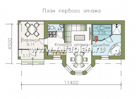 Проект современной бани с верандой - превью план дома