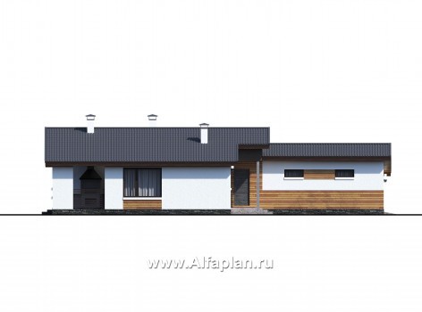 Проекты домов Альфаплан - «Калисто» - одноэтажный коттедж с гаражом на два автомобиля - превью фасада №2