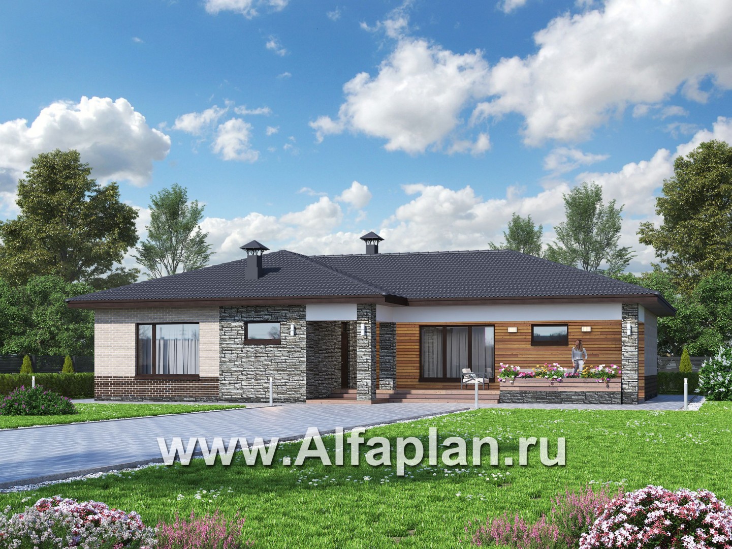 Проекты домов Альфаплан - «Алазея» - просторный одноэтажный дом с сауной и террасой - основное изображение