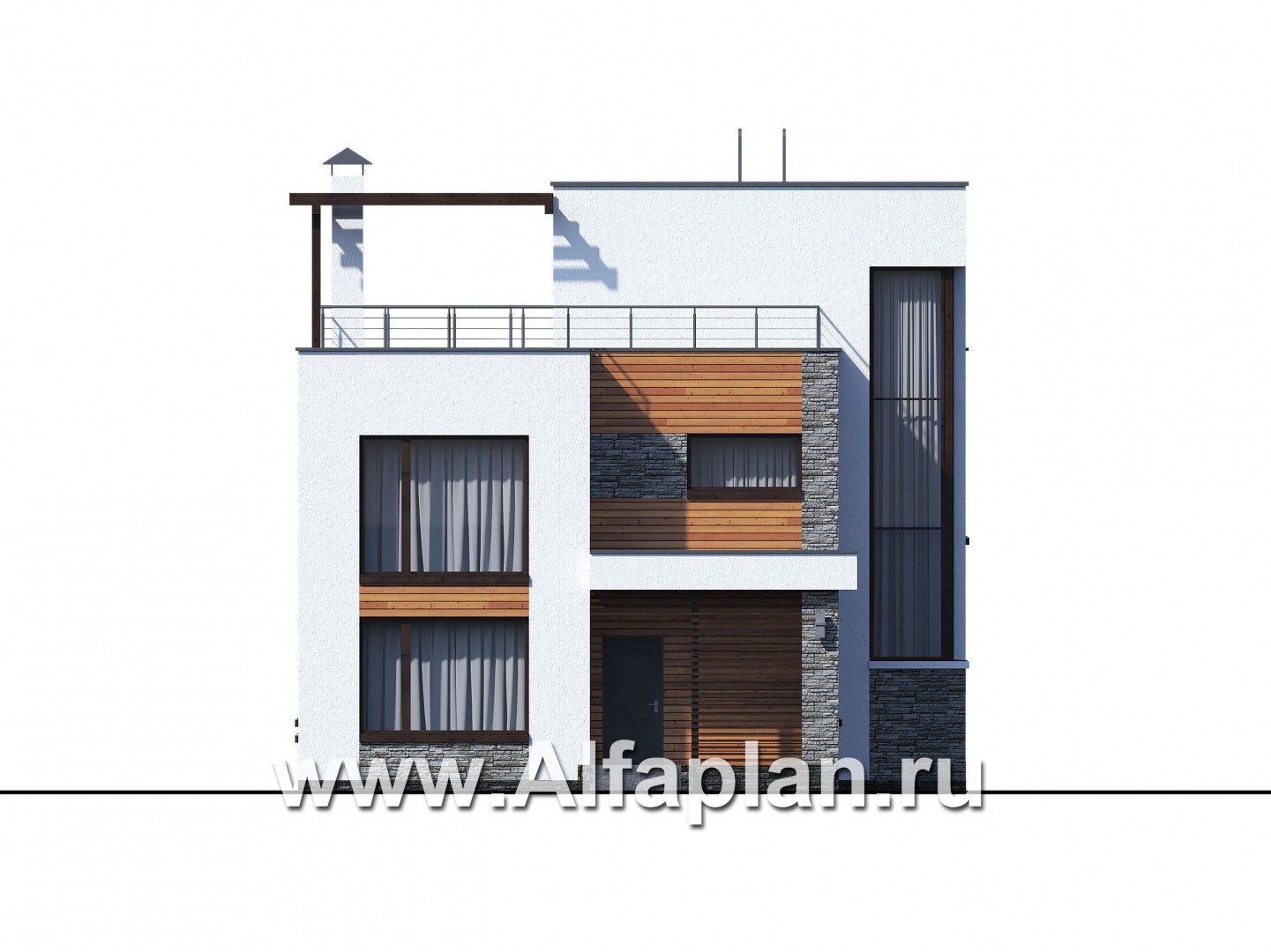 Проекты домов Альфаплан - «Золотой ключик» — современный дом с плоской эксплуатируемой кровлей - изображение фасада №1