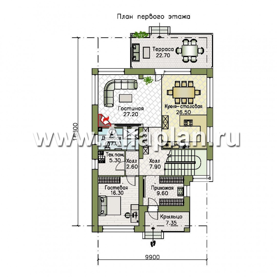 Проекты домов Альфаплан - «Золотой ключик» — современный дом с плоской эксплуатируемой кровлей - план проекта №1