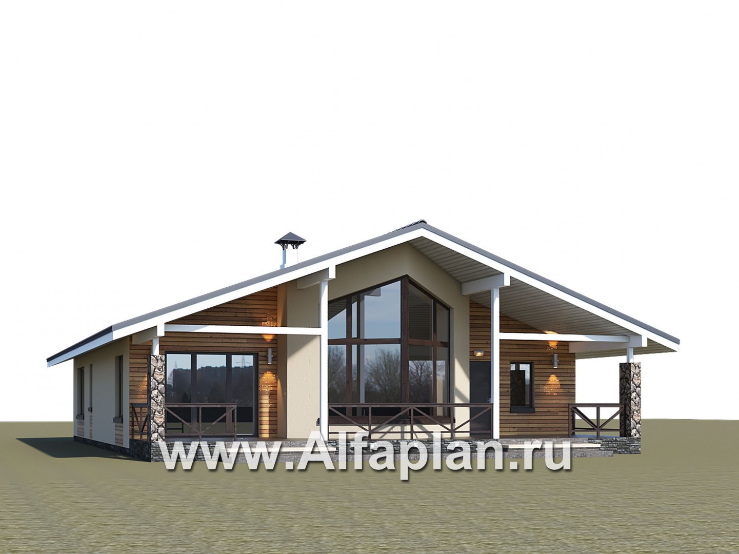 Проекты домов Альфаплан - «Вектор Плюс» - одноэтажный дом с тремя спальнями, террасой и сауной - дополнительное изображение №1