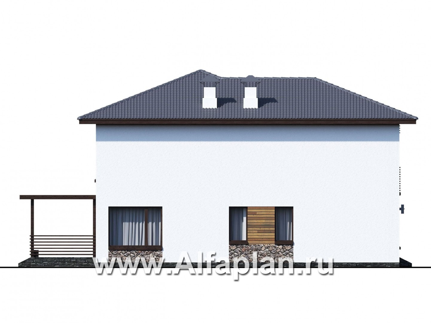 Проекты домов Альфаплан - "Золотой ключик" - план дома, где все спальни с душевыми - изображение фасада №4