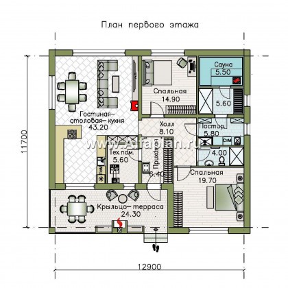 Проекты домов Альфаплан - «Веда» - проект одноэтажного дома с сауной - превью плана проекта №1