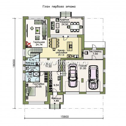 «Родос» - проект двухэтажного дома в современном стиле, мастер спальня, с террасой и гаражом на 2 авто - превью план дома