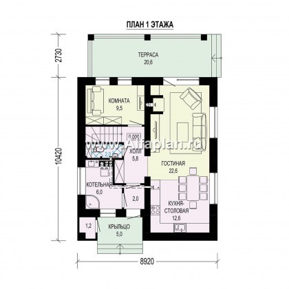 Проект двухэтажного дома, с кабинетом на 1 эт и с террасой, для маленького  участка, в современном стиле - превью план дома