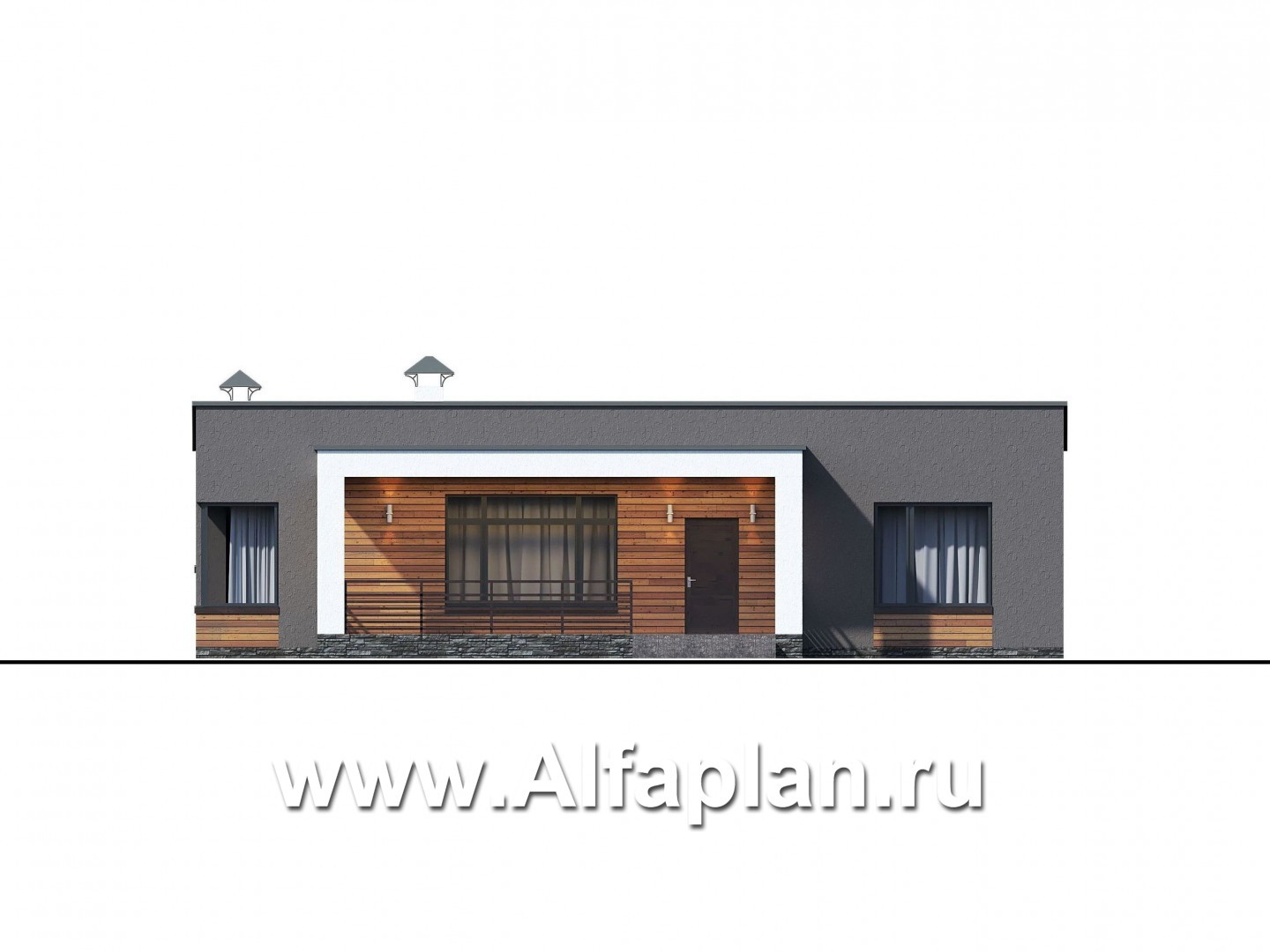 Проекты домов Альфаплан - Проект одноэтажного дома с тремя спальнями - изображение фасада №1