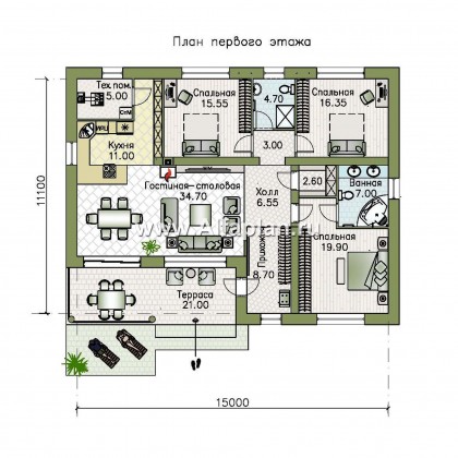 Проекты домов Альфаплан - "Гравитация" - проект одноэтажного дома с тремя спальнями - превью плана проекта №1