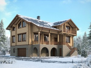 «Традиция» - проект дом с мансардой из бревен, с гаражом и сауной в каменном цоколе,  для участков с рельефом