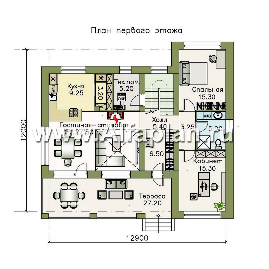 Проекты домов Альфаплан - «Ренуар» - изящный коттедж с двумя комнатами на первом этаже и вторым светом - изображение плана проекта №1