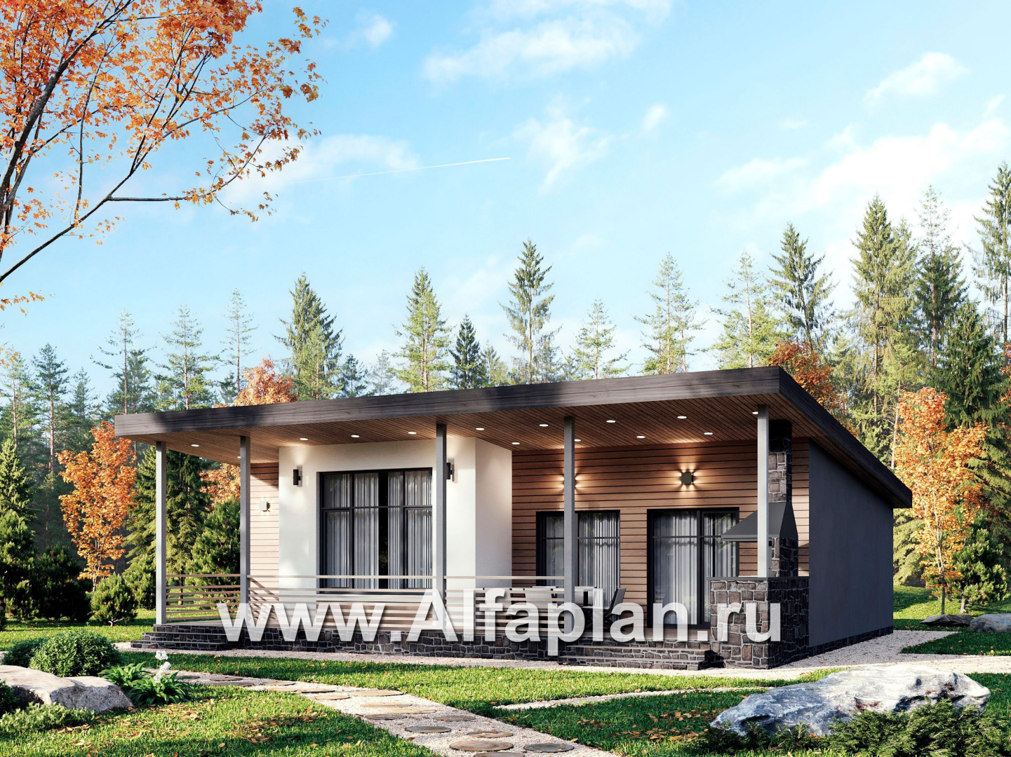 Проекты домов Альфаплан - "Талисман" - проект одноэтажного дома с односкатной кровлей - основное изображение