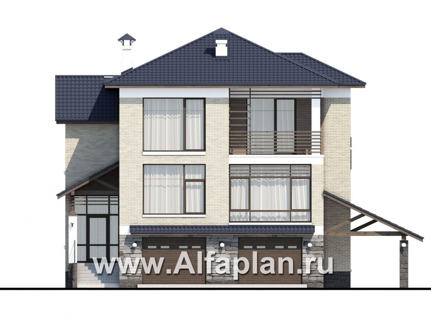Проекты домов Альфаплан - «Линия горизонта» - современный коттедж с гаражом в цоколе - изображение фасада №1