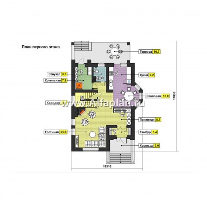 Проект двухэтажного дома, с мансардой, планировка с эркером и с террасой, в английском стиле - превью план дома