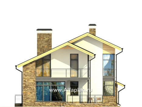 Проект дома с мансардой, с сауной и биллиардной в цоколе, с террасой, кирпичный коттедж в стиле хай-тек - превью фасада дома