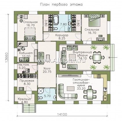 «Атриум» - проект одноэтажного дома из газобетона, планировка с внутренним двориком - превью план дома
