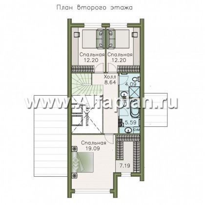 «Омега» - проект двухэтажного каркасного коттеджа, с террасой сбоку, план дома с 5-ю спальнями - превью план дома
