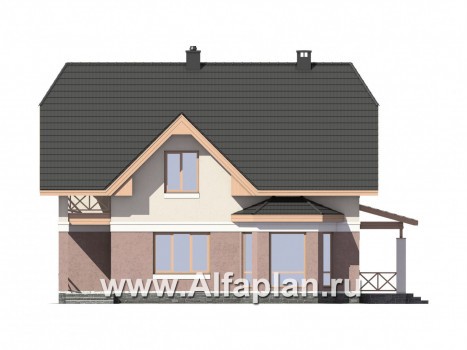 Проект дома с мансардой, планировка с террасой и кабинетом на 1 эт, с эркером - превью фасада дома