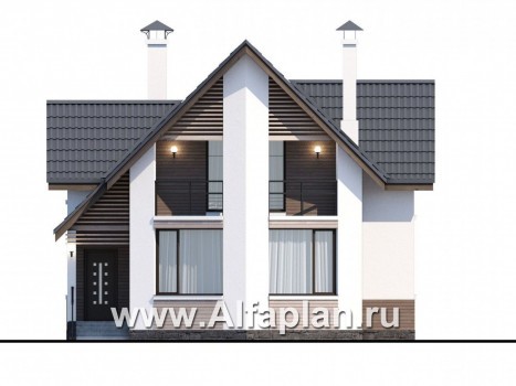 Проекты домов Альфаплан - «Якорь» - эффектный коттедж с оригинальным эркером - превью фасада №1