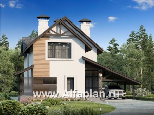 «Гольфстрим» - проект дома с мансардой в скандинавском стиле, с террасой и навесом на 1 авто, для узкого участка