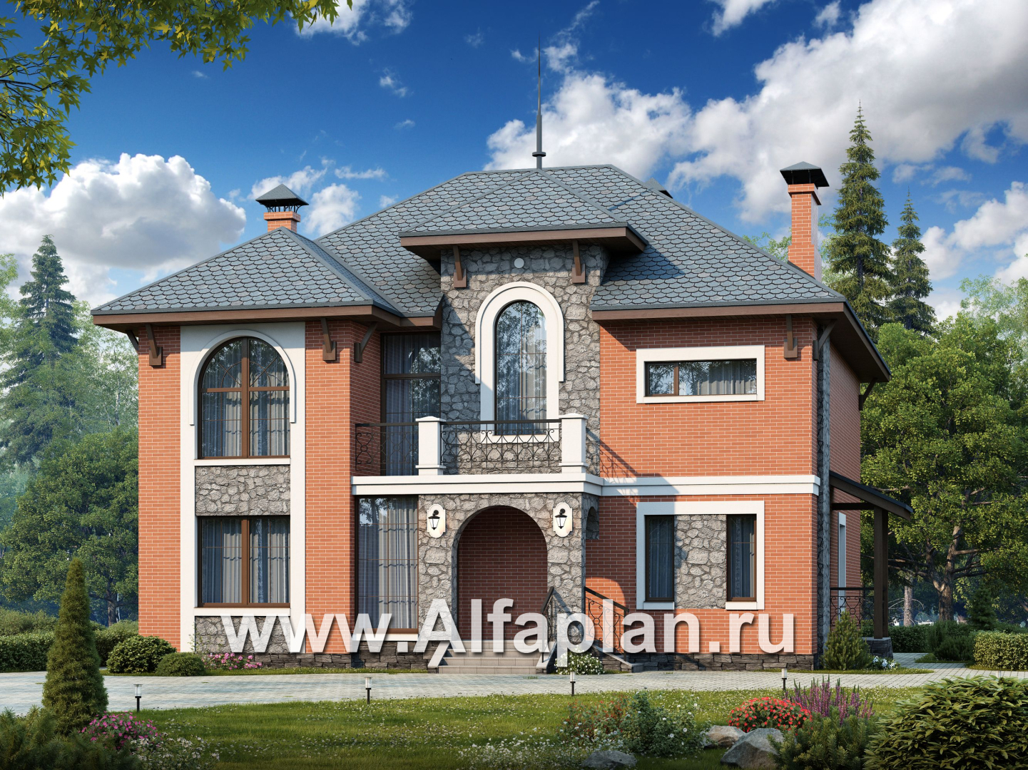 Проекты домов Альфаплан - «Айвенго»- двуxэтажный особняк для большой семьи с жилой мансардой - основное изображение