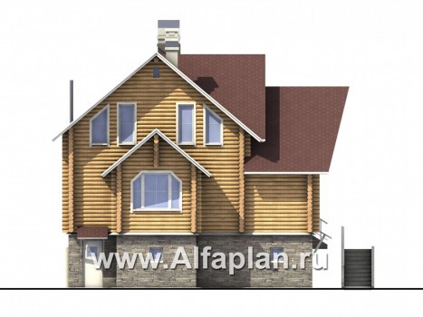 «Л-Хаус» - проект деревянного дома с мансардой, из бревен, с кабинетом на 1 эт, гараж и сауна в цоколе на уровне земли - превью фасада дома