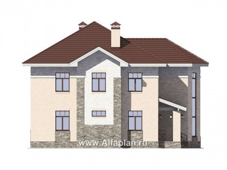 Проект двухэтажного дома, планировка со вторым светом и с эркером, мастер спальня, с террасой - превью фасада дома