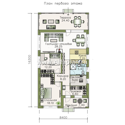 «Каллиопа» - проект одноэтажного дома для узкого участка, 2 спальни, с террасой, в современном стиле - превью план дома