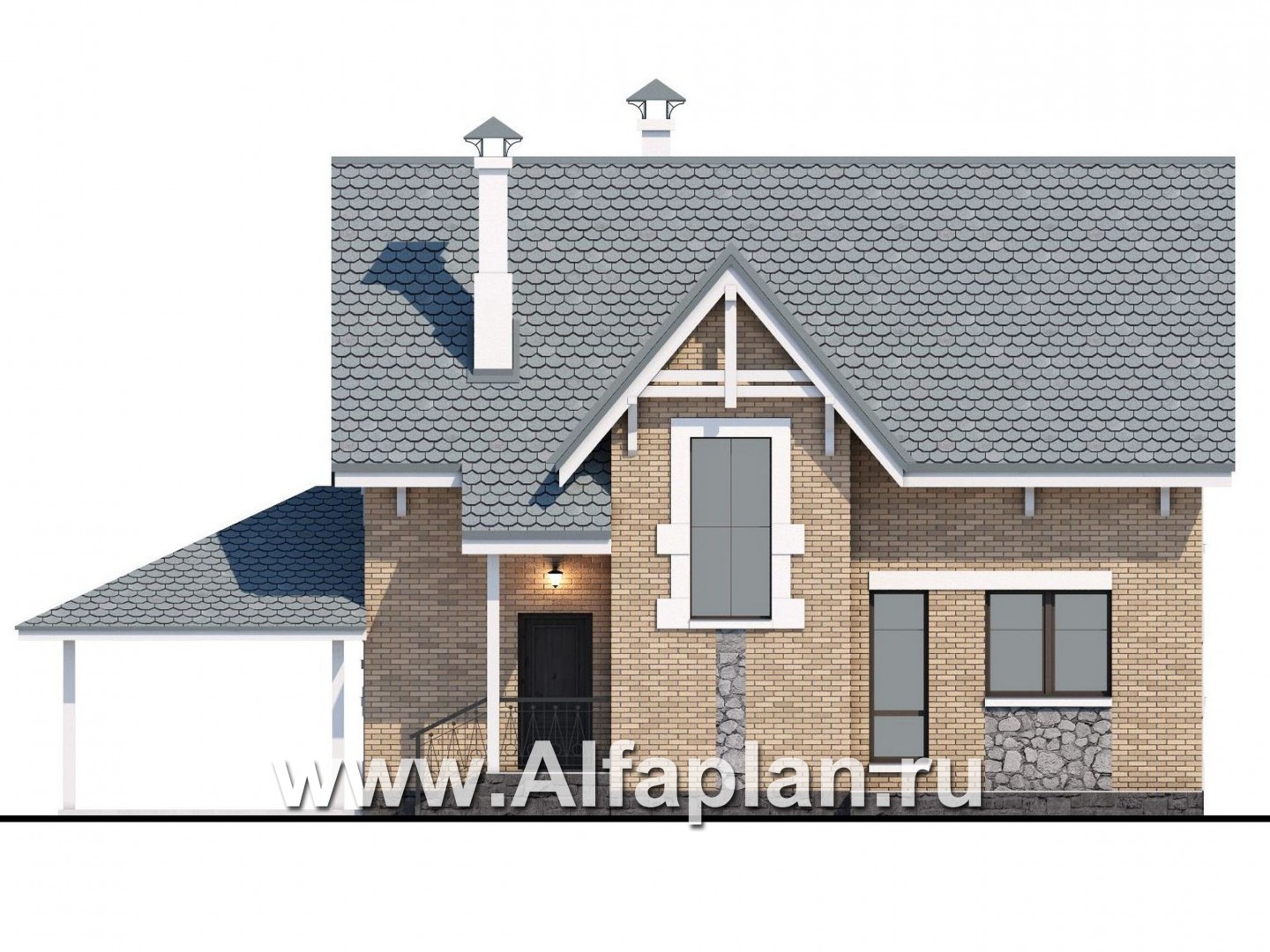 Проекты домов Альфаплан - Коттедж из кирпича «Семейное гнездо» с навесом для машины - изображение фасада №4