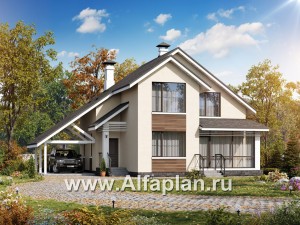 Проекты домов Альфаплан - «Реалист» - загородный дом с верандой и навесом для машины - превью основного изображения