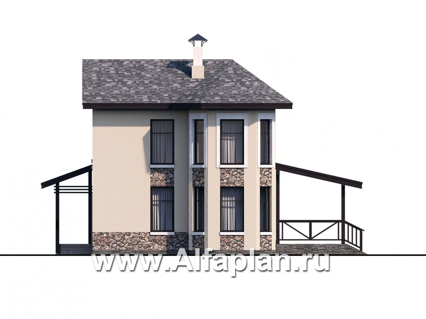 Проекты домов Альфаплан - "Озерный" - проект каркасной дачи с террасой - изображение фасада №1