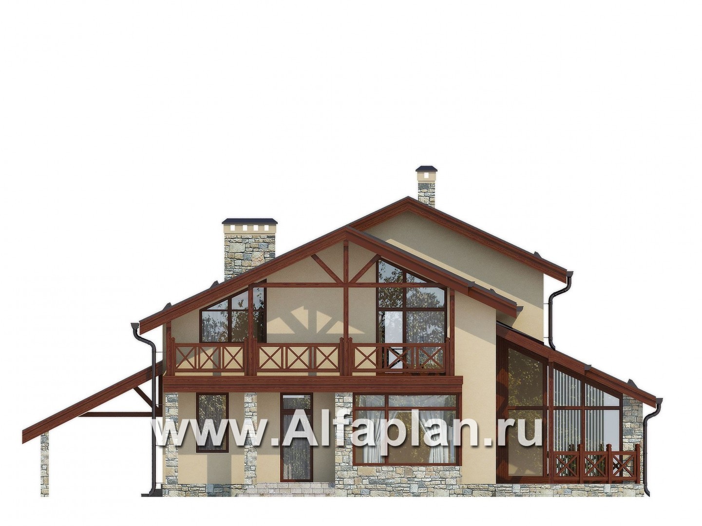 Проекты домов Альфаплан - Двухэтажный коттедж с террасами и зимним садом - изображение фасада №3