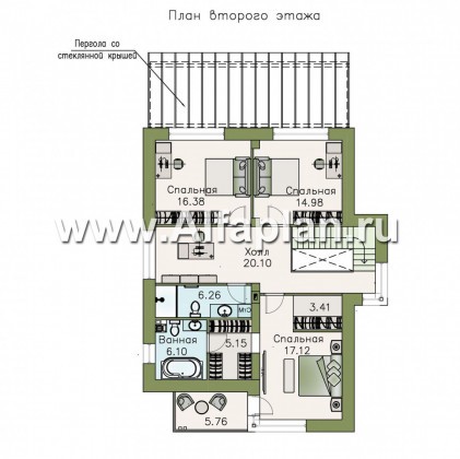 «Эвр» - проект двухэтажного дома с террасой, лестница в гостиной, с плоской кровлей, в стиле хай-тек - превью план дома